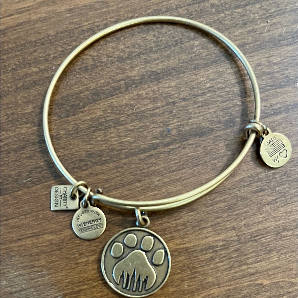 Alex and Ani Gold Tone Paw Print Charm Bangle 
Perfect for the animal lover